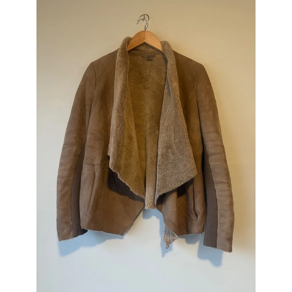 Vince Taupe Spanish Merino Shearling‎ Draped Suede Leather Jacket Size Large